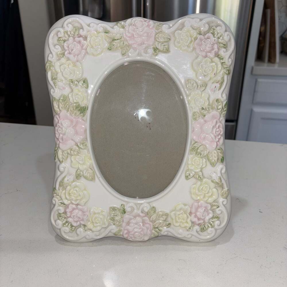 Vintage Shabby Chic Ceramic Floral Picture Frame Embossed Pink and Yellow Roses
